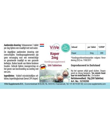 Cuivre 2mg - 200 comprim s - Bisglycinate de cuivre - Dosage lev - Biodisponible - Qualit allemande - ViVe Supplements - Buy Online on GoSupps.com