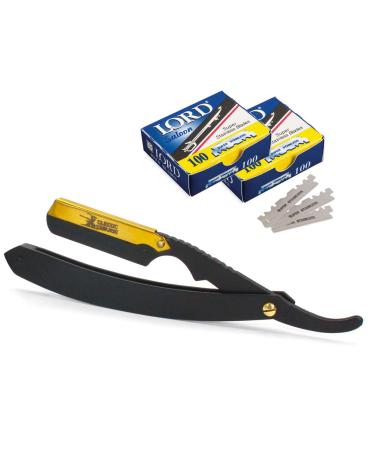 CS-102 Matte Black Golden Head Stainless Steel Professional Barber Straight Edge Razor with 200 Lord Single Edge Razor Blades