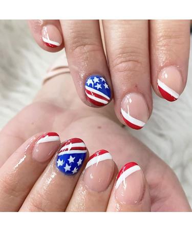 July 4th Press On False Nails Short  Fake Nails Almond Glue On Nails  False Nails With Glue  Pointed Press On Nails Nail Manicure Decoration Fake Nails Acrylic Nails for Independence Day Nails Women Independence Day Z207