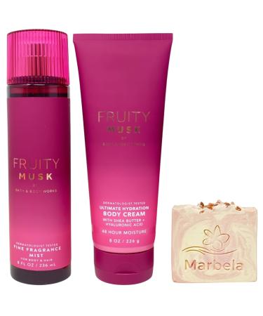 Bath & Body Works Fruity Musk Fine Fragrance Mist and Ultimate Hydration Body Cream with a Himalayan Salts Springs Bar Soap