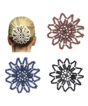 4pcs Handmade Elastic Crochet Mesh Bun Cover with Rhinestone Bun Holder for Ballet Dance Skating Sports and Daily Working Hair Accessories Popular Mixed