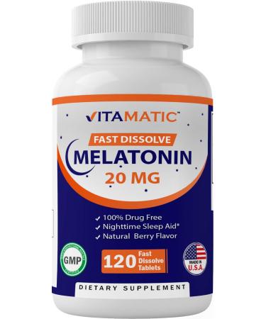 Vitamatic Melatonin 20mg Tablets  Vegetarian Non-GMO Gluten Free  HIGH Potency 20 MG  Natural Berry Flavor  120 Count (Pack of 1)