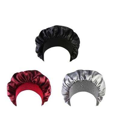 Petyoung 3 Pack Satin Sleep Caps for Women & Girls Sleeping Head Cover Elastic Wide Band Beanie Hat for Curly Hair Braids Wine Red + Black + Silver