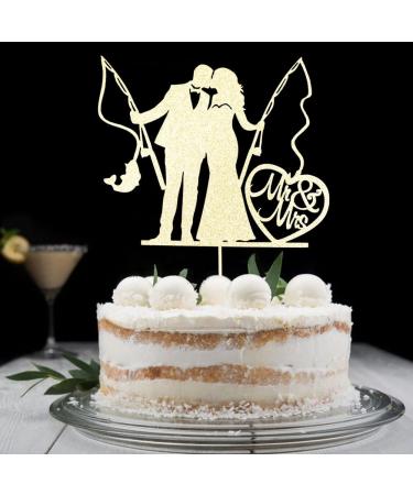 Fishing Wedding Cake Topper - Bride and Groom Fishing Themed Wedding Party Decorations Funny Mr & Mrs Wedding Cake Decors Gold Glitter