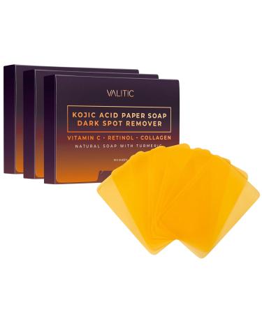 VALITIC Kojic Acid Dark Spot Remover Paper Soap - Travel Size - 3 X 100 (300 total) Portable and Dissolvable Soap Sheets - Help with Acne Spot - With Vitamin C Retinol Collagen and Turmeric - 3 Pack