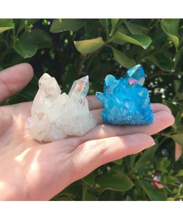 2 Pieces 60g Angel Crystal Cluster Blue and White Natural Titanium Coated Gemstone Quartz Cluster Home Decor Stones
