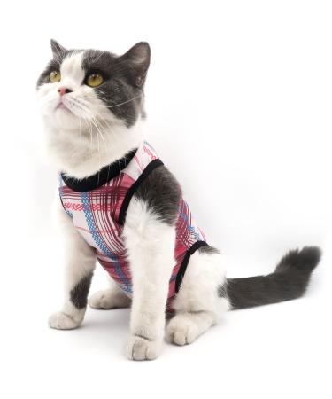 Due Felice Cat Recovery Suit Small Dog Surgical Onesie After Surgery Wear Pet Cone E-Collar Alternative L(Back Length:13.3"/34cm Chest:16.3"/41cm) Pink Plaid-Button Switch