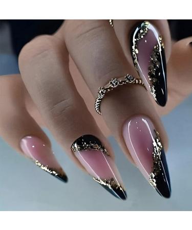 24Pcs Almond Press on Nails Medium Fake Nails Black French Tip Glue on Nails Full Cover False Nails with Gold Foil Designs Acrylic Nails Black Nail Tips Stick on Nails for Women Girls Nail Art Decor