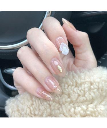 Sethexy long oval false fingernails white false nails gold nails sticking sparkle with glue 24st acrylic art nail tips to press on for women and girls