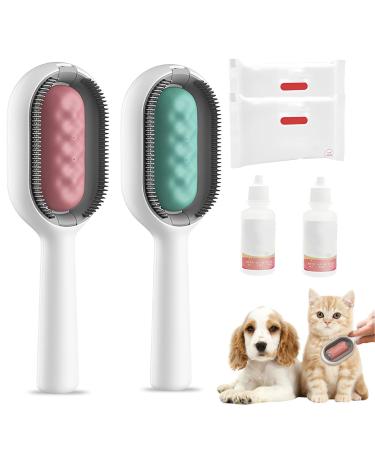 Cat brush with water tank cats brush with wet wipes Cleaning brush for animal hair multifunctional animal hair remover Ideal for massage care and hair removal (long hair green+pink)