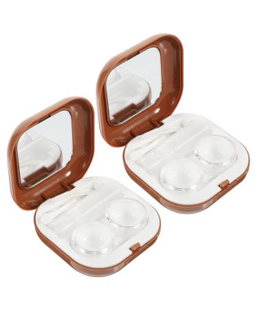 Homsfou Box with 2 sets of contact lens container travel cosmetics mirror make -up mirror case for cosmetic lens container for cosmetic lens make -up boxes travel deliveries ABS texture brown 7.3x7.3x2.6cm