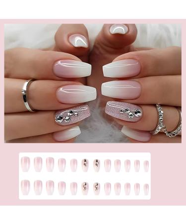 24-Piece Angular Nails Set - Glossy Pink French Press-On Ballerina Nails with Rhinestone Design | Square Fingernails for Women & Girls - Buy Online on GoSupps.com
