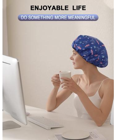 Terry Cloth Lined Shower Cap - YIZIJIZI Triple Layer Waterproof Reusable Cap for Long Thick Hair, Blue Flower & Leaf Design - Buy Online on GoSupps.com