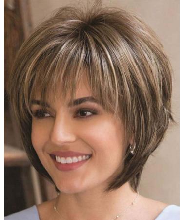 JOLNVCA Pixie Cut Layered Short Brown Wigs with Bangs Straight Synthetic Hair Wigs for White Women (Blonde Mixed Brown)