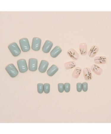 Justotry 24-Piece Olive Angular Nails with Leaves Pattern | Green French Press Artificial Nails for Women | Beautiful Square Fake Nails - Buy Online on GoSupps.com