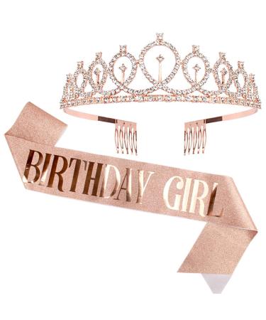 Birthday Crown  Didder Birthday Girl Sash & Rhinestone Tiara Set  Birthday Tiara Birthday Crowns for Women 21st Birthday Sash and Tiaras for Women Girls Birthday Gifts Party Accessories 2 Piece Set Rose Gold