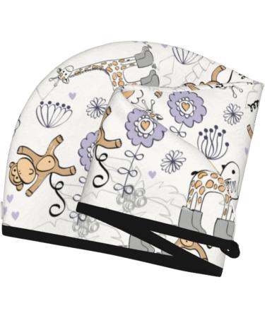 Cute Animal Doodle Microfiber Hair Towel Super Absorbent Quick Dry Turban for Curly Long Thick Hair | Hair Wrap Bonnet Cap for Women Girls & Kids - Buy Online on GoSupps.com