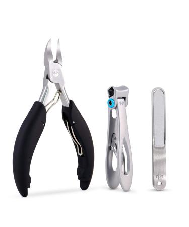Nail Clipper Set  Toenail Clippers for Thick Hard Nails  Professional Podiatrist Heavy Duty Toe Nail Clippers and Nail File for Men and Adults  Seniors - Super Sharp Surgical Stainless Steel (black)