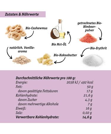 Bio-Berry Cashew with Raspberry Vanilla Aroma 190g | Vegan Low-Carb No Added Sugar Erythritol | Organic White Chocolate Snack - Buy Online on GoSupps.com