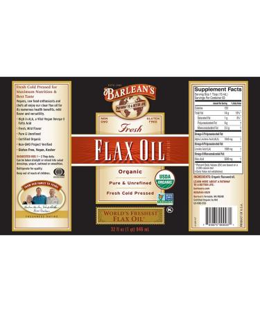 Barlean's Organic Fresh Flax Oil 32 fl oz - Pure Omega-3 Health Supplement - Buy Online on GoSupps.com