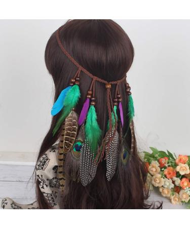 Fodattm Set of 2 Bohemian Peacock Feather Headband Headdress and Armband Hippie Headwear Headpiece Handmade Tribal Indian Fascinator Feather Hairband Hair Accessories for Girls Women Lady (C#) - Buy Online on GoSupps.com