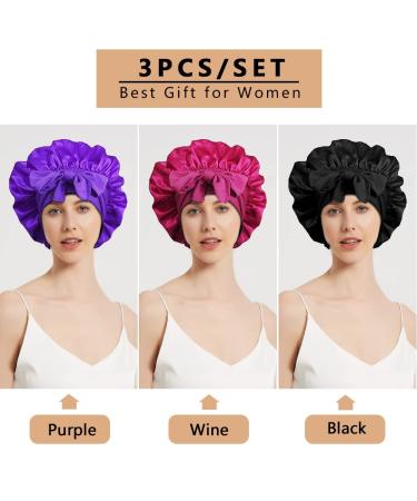 3pc Satin Bonnets for Black Women - Large Silky Bonnet Set in Black, Wine Red, Purple - Buy Online on GoSupps.com