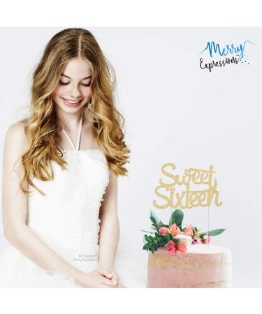 Merry Expressions 16th Birthday Cake Topper in Gold - 16.5 x 10 cm Double Sided Gold Glitter Cardstock Sweet 16 Cake Topper - 16th Cake Topper Decoration Perfect for your Birthday - Buy Online on GoSupps.com