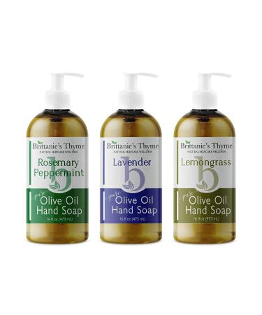 Brittanie's Thyme Organic Natural Variety Bundle Hand Soap (Lavender, Lemongrass and Rosemary Peppermint) - 16oz 3 Pack- Castile Soap Made with Olive Oil and Natural Luxurious Essential Oils - Vegan & Gluten Free Variety P…