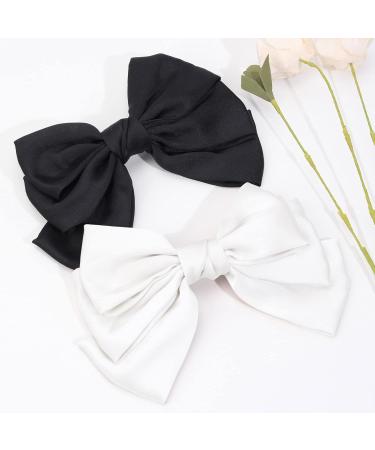 2PCS Big Satin Layered Hair Bows for Women Girls - 7 Inch Black White Barrette Hair Clip - Large Silk Ribbon Bows - French Style Hair Accessories in Black+White - Buy Online on GoSupps.com