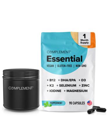 Complement Vegan Multivitamins for Women & Men- Omega 3 DHA+EPA Vitamin B12 Vitamin D3 K2 Zinc Selenium Magnesium Iodine Supplement- Immune Support- 90 Count Includes Jar