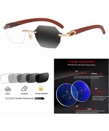 Multifocal Progressive Rimless Glasses for Men & Women - UV400 Photochromic Retro Polygonal Design - Near & Far Vision - Brown (3x - Buy Online on GoSupps.com