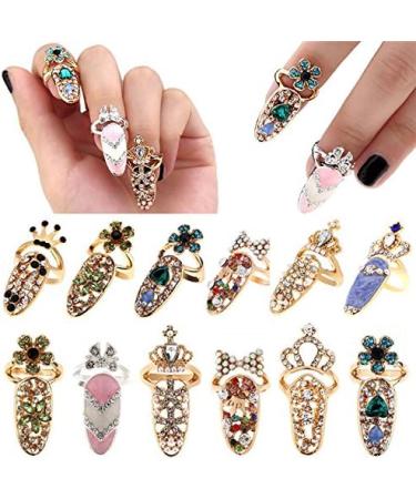 12pcs Women Fashion Bowknot Nail Ring Set - Crown Flower Crystal Finger Nail Charms - Buy Online on GoSupps.com