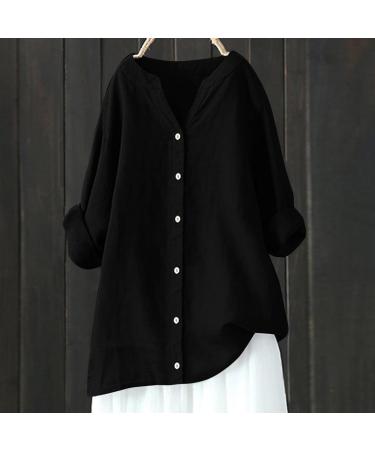 Womens Linen Shirts Casual Long Sleeve V-Neck Blouse Button Up Ladies Going Out Work Office Loose Fit Tunic Top Retro Summer Tee Tops 1068-qppoj-black-b 5XL - Buy Online on GoSupps.com