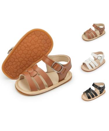 Sonsage Infant Baby Girls Boys Summer Sandals Newborn Bowknot Crib Sandal Outdoor Beach Toddler Pu Leather Soft Rubber Sole Dress Flats First Walker Shoes 12-18 Months B01 Brown