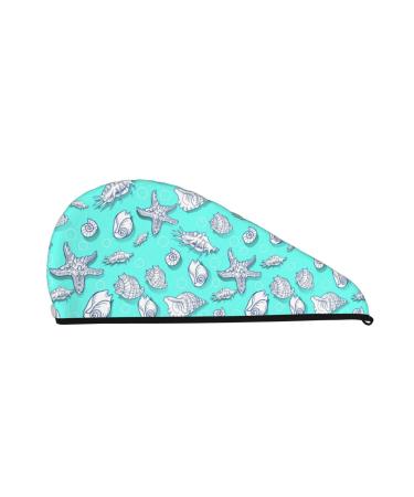 Hair Towel Wrap Hair Drying Towel with Button Towel Turban Head Towel to Dry Hair Quickly (Seashell and Starfish)