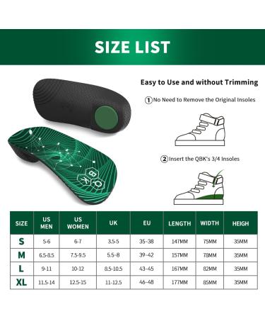 QBK 3/4 Length Orthopedic Insoles for Men & Women - High Arch Support for Plantar Fasciitis & Achilles Inflammation - XL Green (46-48) - Buy Online on GoSupps.com