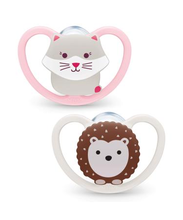 Nuk Space Baby Schnuller |0-6 months |Pacifier with extra ventilation |BPA-free silicone |Cat & hedgehog |2 pieces of 0-6 months cat and hedgehog