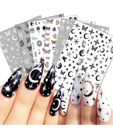 Butterfly Nail Art Stickers 3D Black White Nail Decals Butterfly Nail Art Supplies Self-Adhesive Constellation Flowers Star Moon Butterfly Nail Stickers for Acrylic Nail Designs Decorations 6 Sheets Style 2