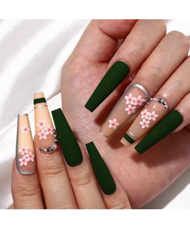 Sethexy long coffin flower false nails spring stick nails matt art false fingernails 24 pieces acrylic press nails for women and girls (green)