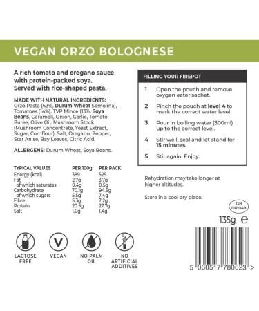 FIREPOT Vegan Orzo Bolognese - Healthy VEGAN Dehydrated Expedition Food (Regular) - Buy Online on GoSupps.com