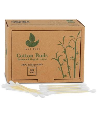 LEAF BOAT Bamboo Cotton Buds | Cotton Buds for Ears makeup cleaning etc. | GOTS Certified Biodegradable Eco-Friendly and Plastic Free | Vegan | Recycled Packaging | (Pack of 1 Box 300 Buds)