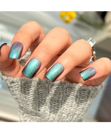 Short Medium Press on Nails Square Glitter Fake Nails with Cat Eye Design Glossy Full Cover False Acrylic Glue Stick on Nails for Women 24Pcs Cat Eye A05