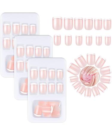 72 Pieces French False Nails Glitter False Fingernails Silver Line Press on Nail Short Medium Fake Acrylic Nail with Nail Files Stick Full Cover for Nail Decoration 3 Boxes (Light Pink)