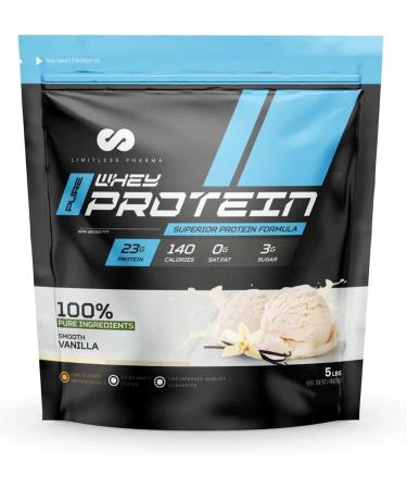 Limitless Pharma Pure Whey Protein | High Protein Whey Concentrate Protein Powder | 23g Protein 6g BCAAs Gluten Free Low Sugar Low Carb Low Lactose | 65 Servings 5LB (Smooth Vanilla) Vanilla 5LB