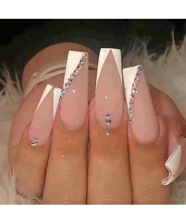 RUNRAYAY Pink & White French Fake Nails with Rhinestones Splicing Press on Nails with French Tips Long Stick on Nails False Nails Art Kit for Women Girls B
