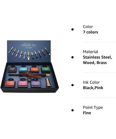 Plotube Calligraphy Pen Set with Wooden Dip Pen, Antique Brass Holder, 11 Nibs, 7 Ink Bottles, and Beginner's Manual - Buy Online on GoSupps.com