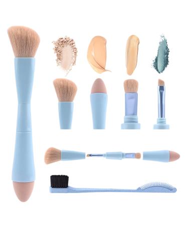 4-in-1 Makeup Brush Portable Travel Make Up Brushes Detachable Makeup Brush Set with Double Head Eyebrow Brush - All-in-One Makeup Sponge Eyeshadow Liner & Blush Blending Brush(Blue)