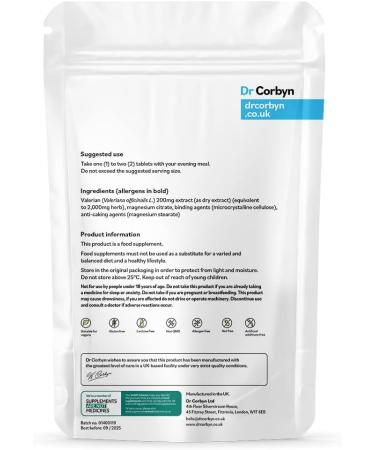 Dr Corbyn Valerian Root 200mg + Magnesium 200mg | High Strength Inner Calm & Sleep Support | Vegan & UK Made 60 Tablets - Buy Online on GoSupps.com