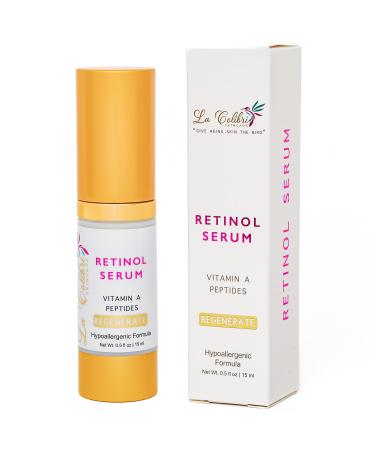 Regenerate Retinol Serum for Face - Vegan Vitamin A Serum with Peptides & Hyaluronic Acid - Hypoallergenic Retinol Night Serum for Fine Lines Wrinkles - 0.5 Ounces
