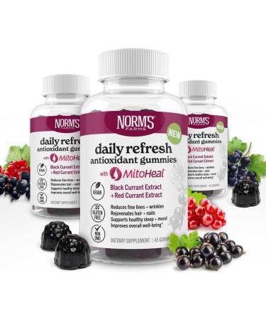 Norm's Farms Elderberry Antioxidant Gummies - Daily Refresh w/MitoHeal 500mg Red & Black Currant Extract - Sleep Mood Skin Hair & Nail Support - USA Made Vegan Non-GMO Gluten-Free - 45 Gummies - Buy Online on GoSupps.com